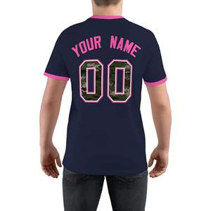 Maillot de baseball personnalisé pour homme, bleu marine avec bordure rose, motif camouflage, numéro imprimé par transfert thermique, col rond, manches courtes, vêtements de sport pour adultes - Product Image 3