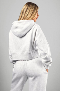 Sweat-shirt à capuche gris pour femme en coton 100% premium, coupe courte, manches longues, fermeture éclair sur le devant, couleur unie, tricoté en mélange de coton - Product Image 3