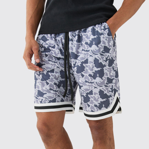 Custom Mens Grey Camo Mesh Basketball Shorts Striped Trim Drawstring Elastic Waist Casual <b>Athletic</b> Sports Camouflage Trunks - Product Image 1