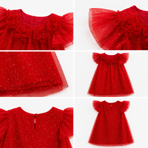 Vestido de fiesta de tul con purpurina para niñas pequeñas con cuello con volantes florales |   Vestido de Princesa para Cumpleaños - Product Image 3