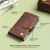 WRIZA Tas Kulit Asli untuk Wanita |   Dompet Pola Croco Anti RFID 7 Slot Kartu Dompet Perjalanan Tipis Logo Besar Penggunaan Sehari-hari