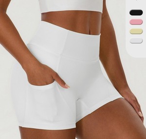 High Waist White Yoga <b>Shorts</b> <b>with</b> Pockets Seamless Elastic Waist Breathable <b>Spandex</b>/Nylon Mesh 220g Workout Fitness <b>Shorts</b> - Product Image 3