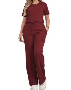 Ensemble pantalon pour femme : haut à manches courtes à col rond de couleur unie de style décontracté et pantalon long polyvalent à taille élastique pour tous les jours - Product Image 4