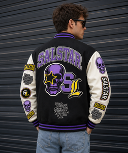 Veste universitaire personnalisée pour homme, veste bomber de baseball noire et violette avec broderie de crâne | Fabricant en gros OEM/ODM - Product Image 4