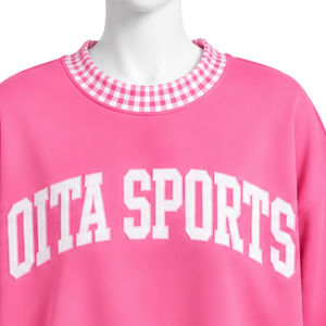 Mens Baby <b>Pink</b> Oversized Crewneck <b>Sweatshirt</b> With Gingham Check Collar And Cuffs Long Sleeve Graphic Pullover Casual Streetwear - Product Image 3
