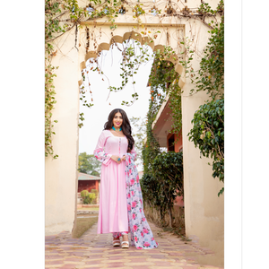 Conjunto de Traje de Chifón Rosa Transpirable para Mujer, Estilo Indio-Pakistaní, con Mangas de Organza y Dupatta Sólida Elegante, Ideal para el Verano - ¡Venta Caliente! - Product Image 2