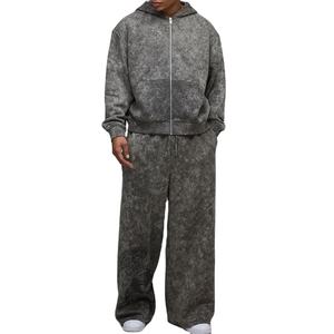 Conjunto Deportivo Personalizado de 420 GSM con Lavado Ácido, Talla Grande, Fabricante de Conjuntos Deportivos con Logotipo Personalizado, Chándal con Cremallera para Hombre, Diseño de Bloques de Color, Dos Piezas - Product Image 1