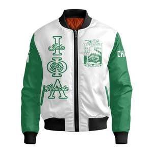Blouson Bomber Universitaire Personnalisé pour Femme Iota Phi Lambda, Blanc Vert Émeraude, avec Écusson à Lettres Grecques et Fermeture Éclair au Dos - Product Image 5