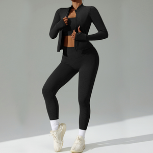 Ensemble de yoga uni pour femme, 2 pièces, col roulé, legging taille haute et crop top, sans couture, en Spandex et Polyester, tenue d'entraînement longue - Product Image 3