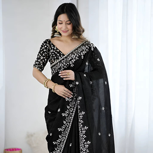Sari de Chifón Fandy con Bordado Elegante y Aspecto Lujoso, Adornado con Lentejuelas de 3 mm, con Blusa Bordada con Lentejuelas - Product Image 1