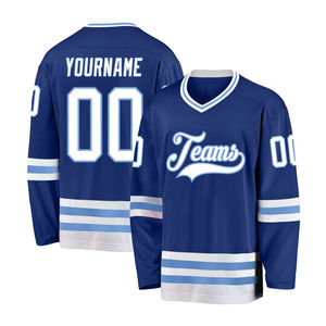 Camiseta de hockey sobre hielo personalizada para hombre, azul y blanca, con estampado sublimado, manga larga, logotipo de equipos, transpirable, corte regular - Product Image 1