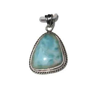 Beli Larimar Oval Cabochon Alami Yang Tidak Dirawat 925 Liontin Batu Permata Perak Murni Perhiasan Buatan Tangan