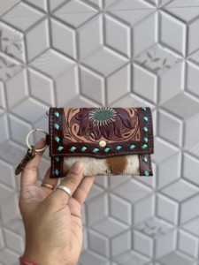 Handmade Bohemian Hand Tooled Carving Western Hair on Hide Leather <b>Small</b> Wrist Coin <b>Purse</b> Multi Uses Mini Wallet for <b>Women</b> - Product Image 3