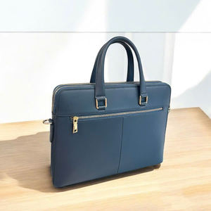 Maletín Unisex de Cuero Genuino Azul Marino, Clásico, Casual, Lujoso, con Cierre de Cremallera Dorada, Hecho a Mano, Impermeable, Ligero y Portátil - Product Image 4