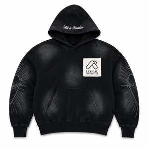 Sweat à capuche zippé ou pull oversize en molleton 100% coton, style streetwear, délavé vintage, effet usé, avec logo frontal, couleur unie, grammage lourd - Product Image 1