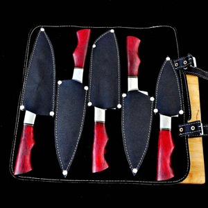 Ensemble de couteaux en acier Damas, 5 pièces, manche en bois, couteaux de chef japonais forgés à la main, lame droite, bord biseauté - Product Image 2