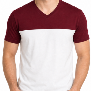 Camiseta clásica de cuello en V bicolor al por mayor, en rojo granate y blanco, con logo personalizado y diseño colorblock. - Product Image 2