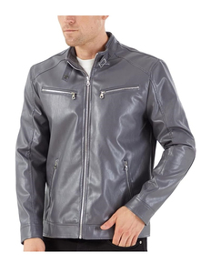 Blouson moto homme gris en cuir PU, col montant, fermeture éclair, coupe ajustée, longueur standard, pour l'automne - Product Image 1