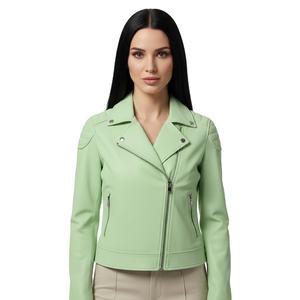 Custom <b>Womens</b> <b>Light</b> Green Leather Motorbike <b>Jacket</b> Wholesale Biker Style Genuine Leather Ladies Coat OEM Factory Bulk Quantity - Product Image 1