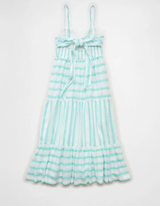 Robe élégante et décontractée pour femmes, bleu et blanc, à rayures florales, asymétrique, taille naturelle, 100% coton tissé, coupe évasée, écologique - Product Image 4