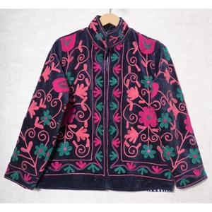 Chaqueta de Terciopelo Bordada a Mano con Estampado Floral, Cuello Mao, Manga Larga, Abrigo de Otoño para Mujer - Product Image 1