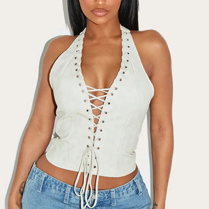 2026 Wholesale Custom Faux Suede Women's White Lace-Up Halter Corset Top With Hook-and-Eye Design <b>Tummy</b> <b>Control</b> Shapewear - Product Image 1