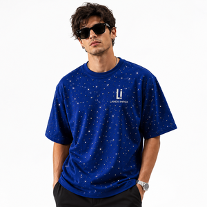 เสื้อยืดคอกลมสีน้ำเงินรอยัลประดับเพชรเทียมทรงโอเวอร์ไซส์สำหรับผู้ชาย สไตล์สตรีทแวร์ลำลอง แขนสั้น ลายกราฟิกวิบวับ แฟชั่น - Product Image 1