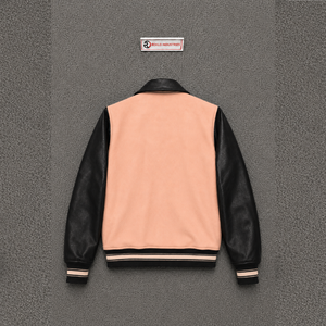 แจ็คเก็ตวาร์ซิตี้พรีเมียมสีพีชดำ แขนหนัง ตัวเสื้อทำจากผ้าขนสัตว์ ติดกระดุมแป๊ก แจ็คเก็ตวาร์ซิตี้สีพื้น แขนหนัง PU - Product Image 6