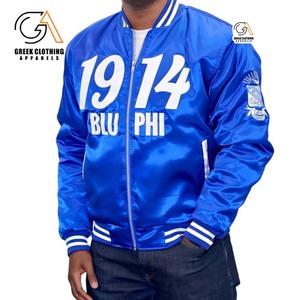 1914 Blu Phi Sigma Bomber Jacket Blue Mens Greek Letter Satin Jacket Fraternity Apparel Zip Up Classic Fit Premium Outerwear - Product Image 1