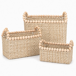 Handcrafted Unique Seagrass <b>Baskets</b> for <b>Storage</b> Set 3 Decorative <b>Storage</b> Bins with Bead-Accented Handles from Vietnam - Product Image 1