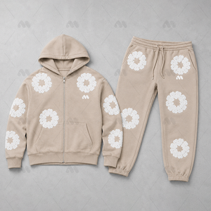 Conjunto de chándal de forro polar personalizado para mujer al por mayor, sudadera con capucha de invierno con cremallera, pantalones de chándal de pierna ancha con bordado floral, ajuste holgado - Product Image 1