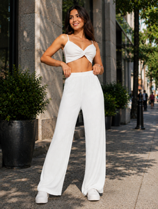 Pantalon large plissé blanc taille haute coupe ample longueur totale taille élastique décontracté été anti-plis pour femme - Product Image 2