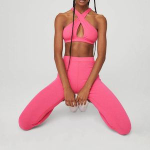 Women's <b>Pink</b> Yoga <b>Set</b> 2 Piece Halter Neck Solid Color High Waist Full Length Leggings Stretch Fitness Wear - Product Image 3