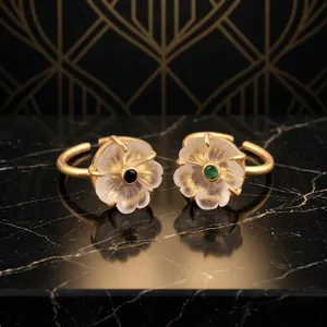 Flower Shape Gemstone Crystal Quartz Punk Style Adjustable Carved <b>Rings</b> <b>Women</b> 18K Gold Plated Brass Jewelry with Claw Setting - Product Image 2