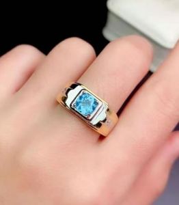 Bague de mariage et de fiançailles pour homme en topaze bleue, plaqué or 14 carats, argent, pierre naturelle taille brillant ronde, bijoux de luxe - Product Image 3