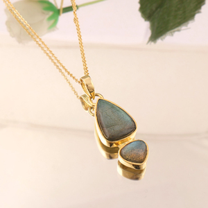 Collar de joyería boho con colgante de labradorita natural brillante de doble piedra, cadena de cable chapada en oro de 18k, collar llamativo para mujer. - Product Image 5