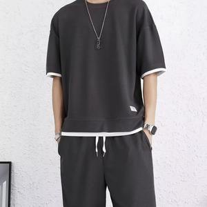Mens Oversized Breathable Knitted T Shirt Shorts Set Dark Grey Minimal Design Casual Summer Two Piece Outfit Cotton <b>Blend</b> - Product Image 1