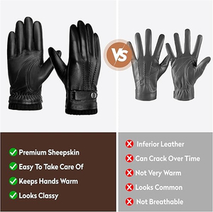 Gants de conduite en cuir noir unisexes, chauds pour l'hiver, à doigts complets, compatibles avec les écrans tactiles, légers, de qualité supérieure - Product Image 5