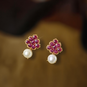 Vintage 18K Solid Gold Ruby Stud Earrings with Zircon and Pearl - Product Image 3