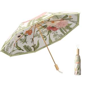 Parapluie manuel pliant en 3 sections en fibre de verre et PET avec poignée en bois, petite taille, résistant au vent et à la pluie, motif imprimé feuilles - Product Image 6