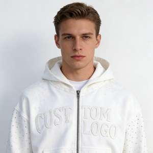 Men's Trendy <b>Hoodies</b> White Rivet Embroidery Letter Cotton Zipper Hooded Oversized Pocket Casual <b>Hoodies</b> - Product Image 2