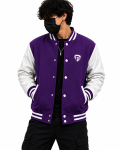 Dumela Purple <b>White</b> Varsity <b>Jacket</b> <b>Men</b> Preppy Style Button Front Letterman Bomber Autumn Outerwear - Product Image 3