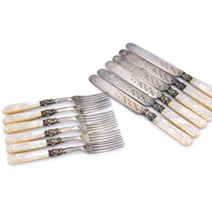Ensemble de couverts classiques en nacre, vintage, faits à la main, argentés, avec serveurs à poisson et couverts à dessert, manche en nacre de qualité supérieure - Product Image 5
