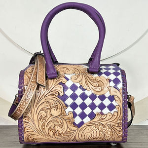 Nuevo Bolso de Mano de Cuero Vacuno Hecho a Mano con Diseño a Cuadros Morados y Blancos, Bolso de Viaje Mediano de 11 Pulgadas, Bolso Bandolera de Diseñador - Product Image 5