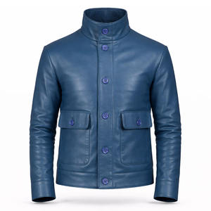 Veste en cuir PU bleu pour homme, col rabattu, fermeture éclair, style motard haut de gamme, imperméable, coupe-vent, veste d'hiver tendance - Product Image 1