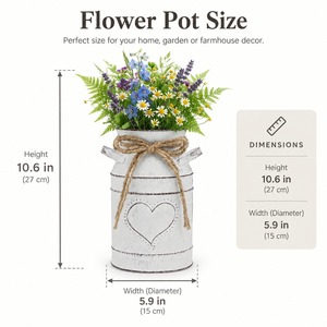 Vintage <b>White</b> Metal Milk Can Vase Rustic Farmhouse Heart Planter <b>Jug</b> Centerpiece Container with Jute Bow and Wildflowers - Product Image 3