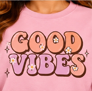 Sudadera con cuello redondo y estampado Good Vibes para mujer, de algodón rosa, estilo oversize, para otoño - Product Image 5