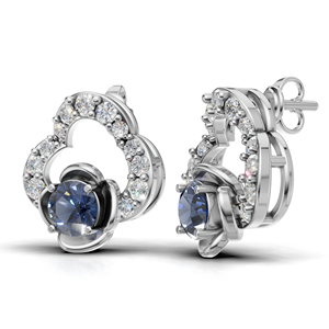 Boucles d'oreilles en or 18 carats pour femmes avec saphir bleu central, taille brillant rond, style halo classique, bijoux de mariage - Product Image 2