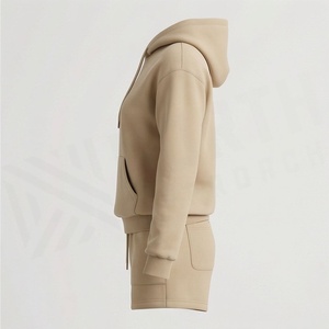 Ensemble sweat à capuche 2 pièces pour femme avec feuilles brodées, couleur unie, coupe décontractée, short au-dessus du genou - Product Image 3