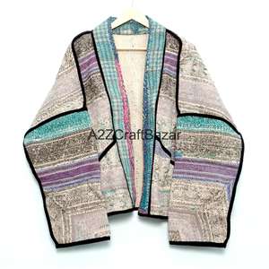 Chaqueta de Punto Reversible Hecha a Mano, Ecológica, Transpirable, de Secado Rápido, Estilo Vintage Kantha, con Cuello Alto y Botones, para Mujer, 100% Algodón, Otoño - Product Image 6